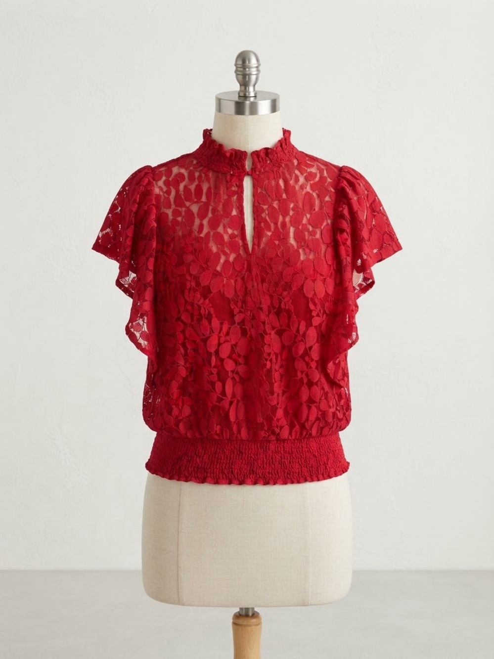 Express Red Lace Flutter-Sleeve Blouse